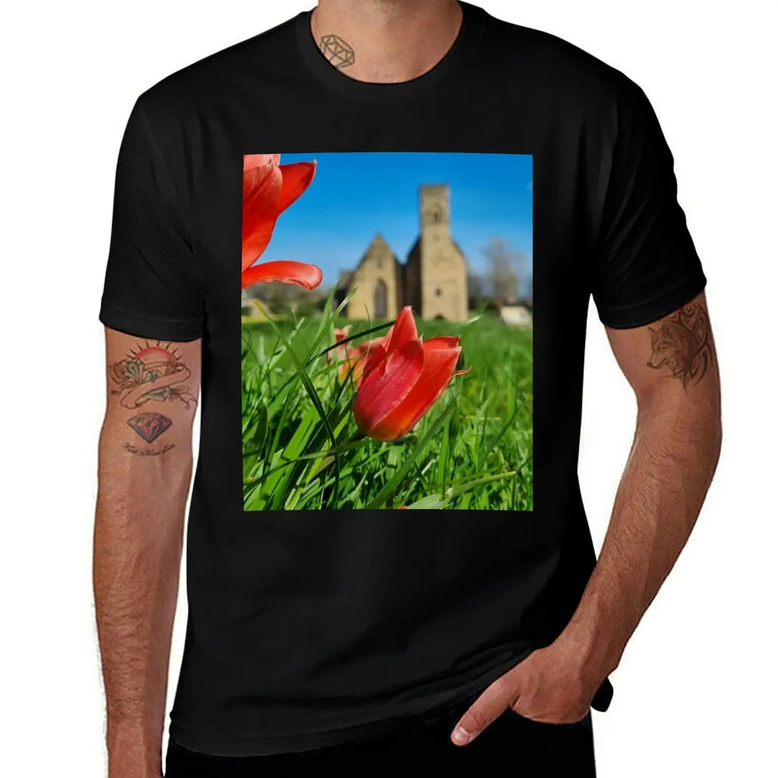 

Tulips in front of St Peters Church T-Shirt anime stuff plus size tops sublime mens graphic t-shirts