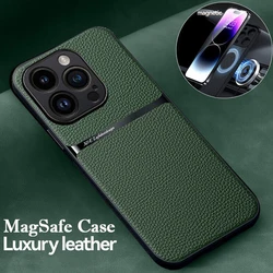 Magsafe-funda magnética de cuero para coche, protector de lente a prueba de golpes, mate de lujo, para iPhone 16 15, 14, 13, 12 Pro Max, 11