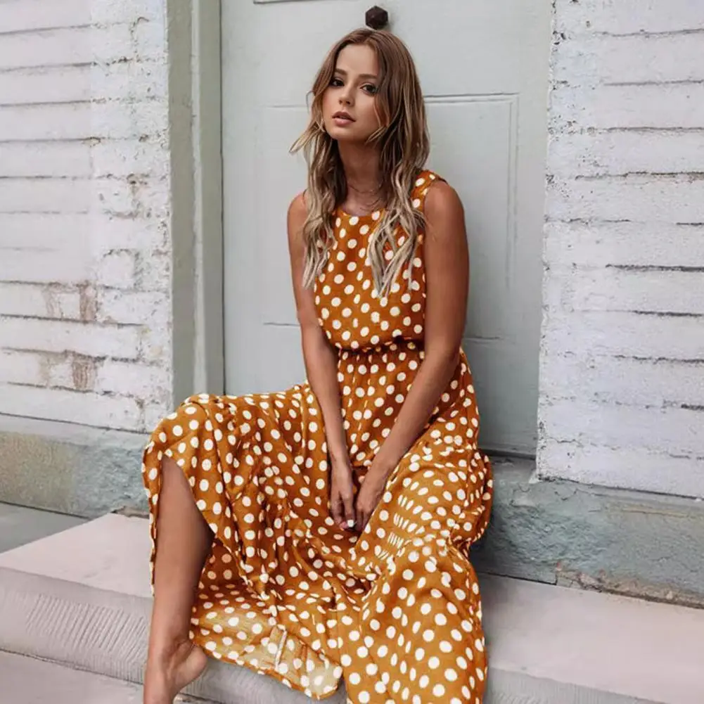 Round Neck Dress Stylish Maxi Dress with Contrast Color Dot Print High Waist for Women for Dating Commuting or Vacation Outfits