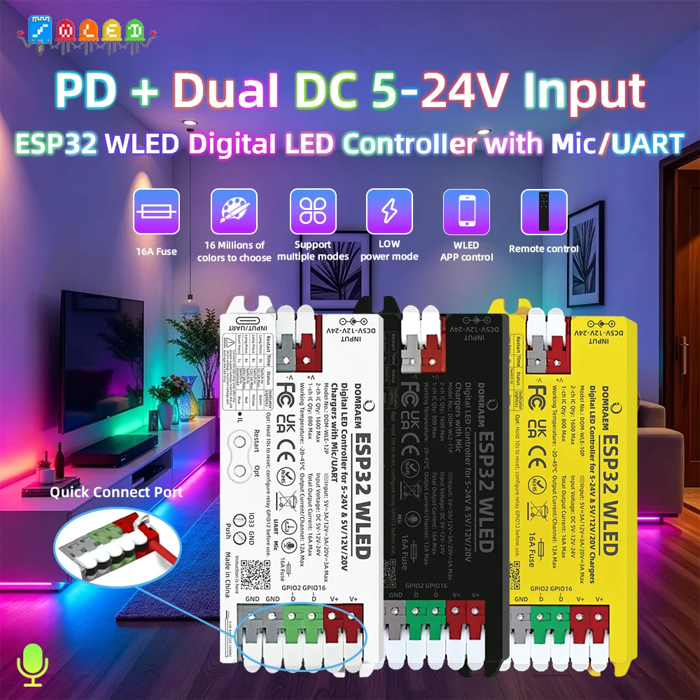 Цифровой контроллер DOMRAEM ESP32 WLED с двойным питанием PD и DC5-24V, микрофоны, предохранитель 16А, модели DOM-WLE-10P/11P/12P для светодиодных лент WS281X SK6812 RGBIC и т.д.