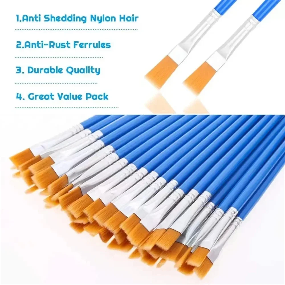 50-Piece Painting Brushes Set for Art School Students, Round and Flat Nylon Hair Paint Pens for Oil, Acrylic, and Watercolor