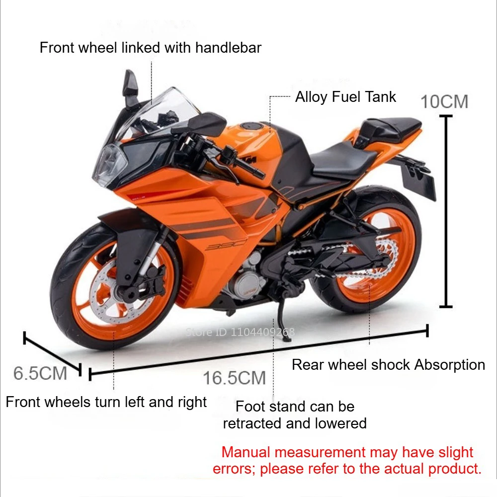 1:12 KTM 1390 RC390 Motorcycle Model Toy Alloy Body Rubber Tires Motorbikes Glide Forward Simulation Models Bedroom Decor