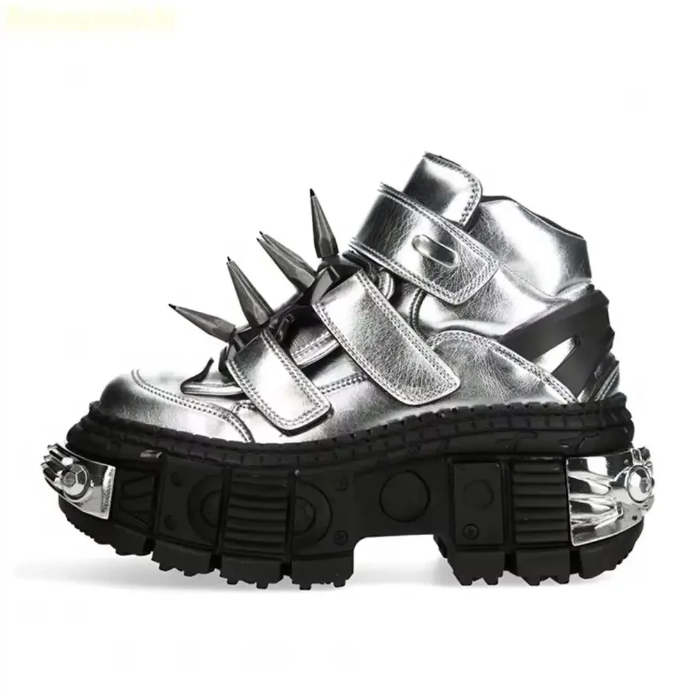 

Dark Space Silver Thick-Soled Shoes Big Rivets Height-Increasing Boots Unisex Punk Metal Rock Tank Thick-Soled High-Top Shoes
