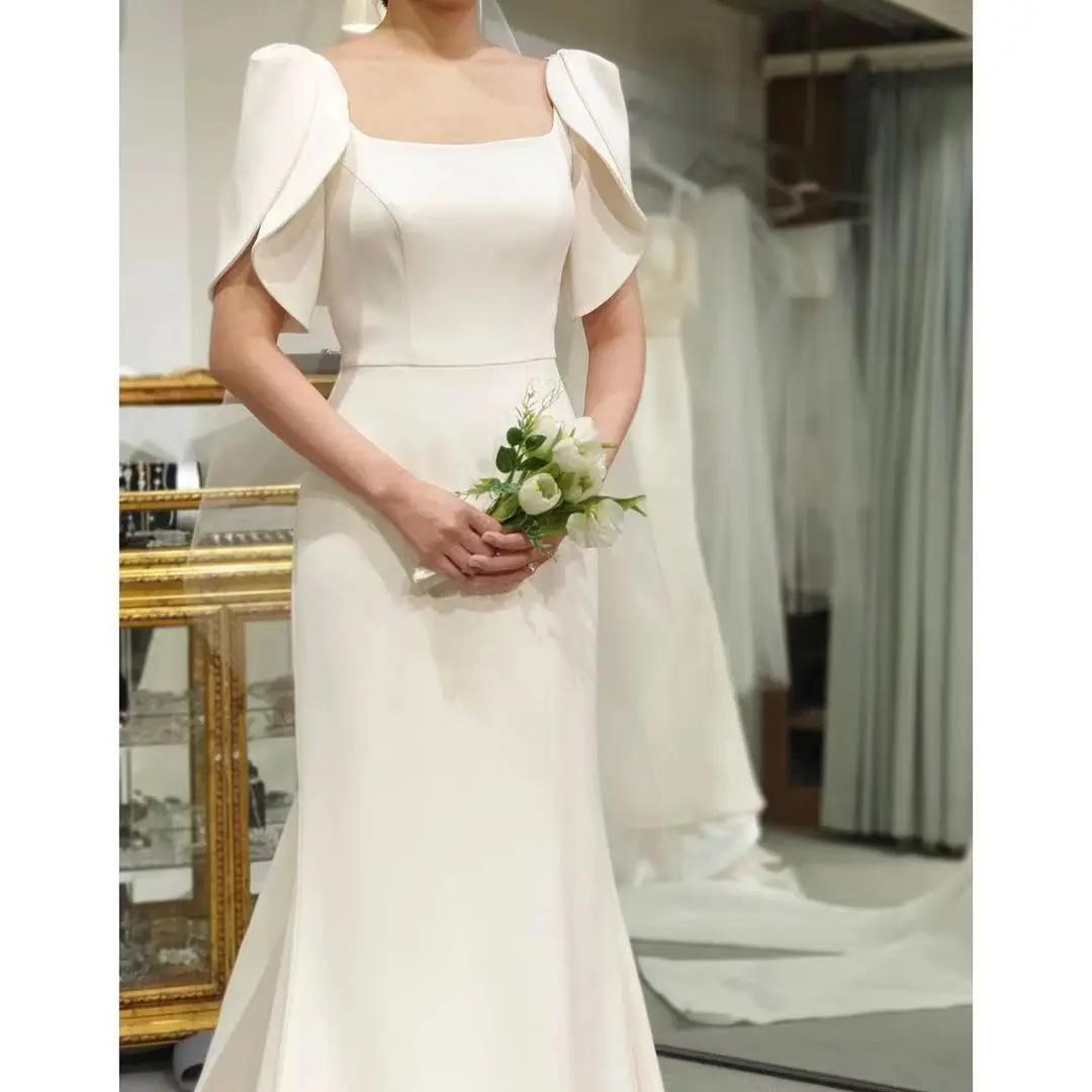 Großzügige Meerjungfrau Hochzeit Kleid Mit Abnehmbaren Zug Vintage Square Neck Stilvolle Kurzen Ärmeln Zug Brautkleid Anpassen TT469