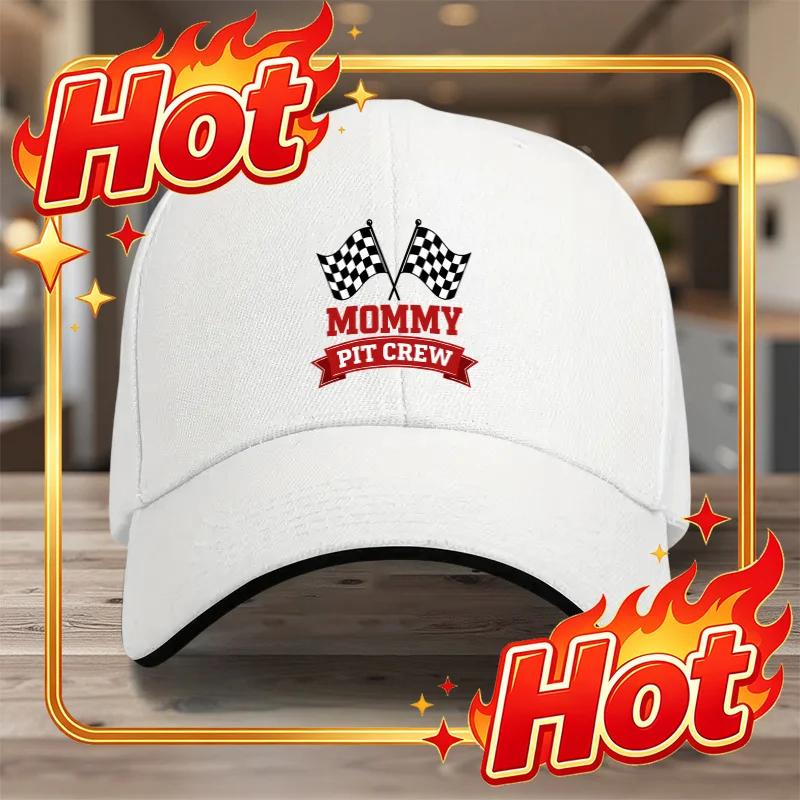 Custom Hat An Adjustable Sandwich Baseball Cap Featuring The 'Mommy Pit Crew' Racing Flag, Made of Lightweight with Printed Desi