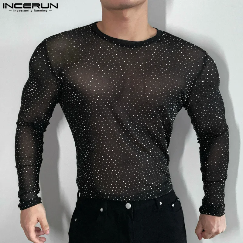 Fashion Casual Style Tops INCERUN Men Sparkling Fabric Slightly Perspective Design T-shirt Sexy Male Long Sleeved Camiseta S-5XL