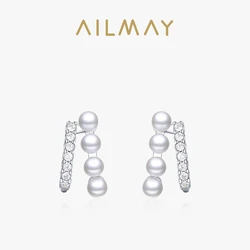 Ailmay Authentic 925 Sterling Silver Fashionc Elegant Geometric Pearl Earrings For Women Classic Wedding Statement Jewelry