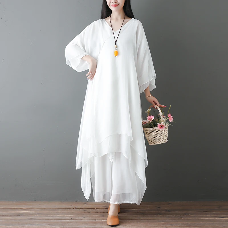 White Zen Dance Women's Outfit 2-Piece Set Fairy Tea Costume Cotton Traditional Chinese Clothing Ethnic Stage Performance Dress