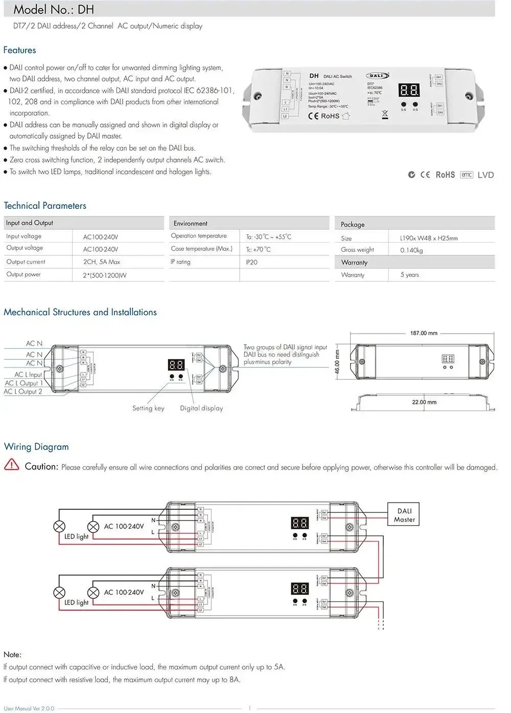 Controlador de interruptor CA Skydance DH DALI (DT7) 2CH * 5A AC100-240