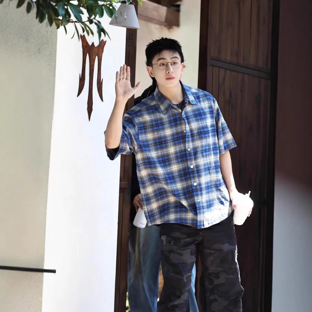 

Firmranch Summer New Cotton Flannel Blue Plaid Short Sleeve Shirt For Men Women Loose Vibe Streetwear Casual Blouse