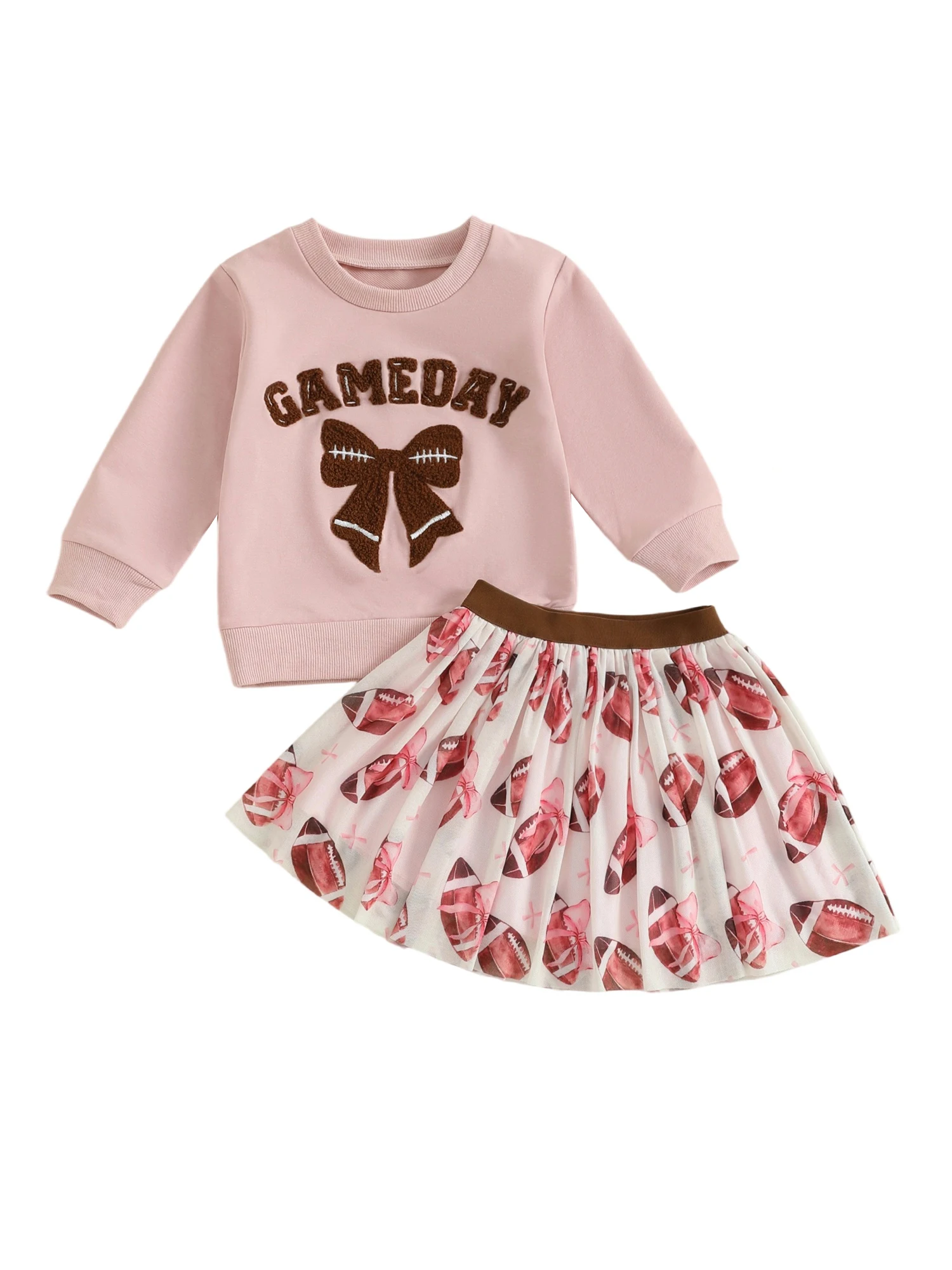 

Комплект одежды из двух предметов для маленьких девочек: топ с длинными рукавами с цветочной вышивкой и юбка с эластичной резинкой на талии с рюшами - очаровательный