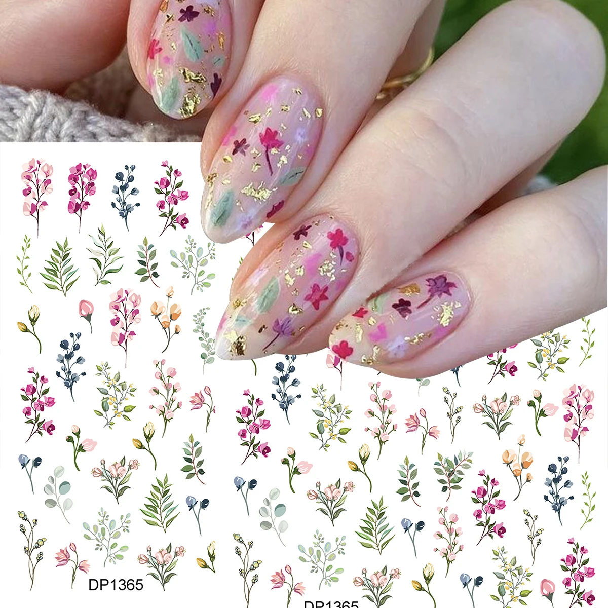 2 Stück Nagelaufkleber mit Blumenmuster, einfache Blume, grüne Blätter, Frühling und Sommer, selbstklebende Abziehbilder, DIY-Maniküre-Dekorationszubehör
