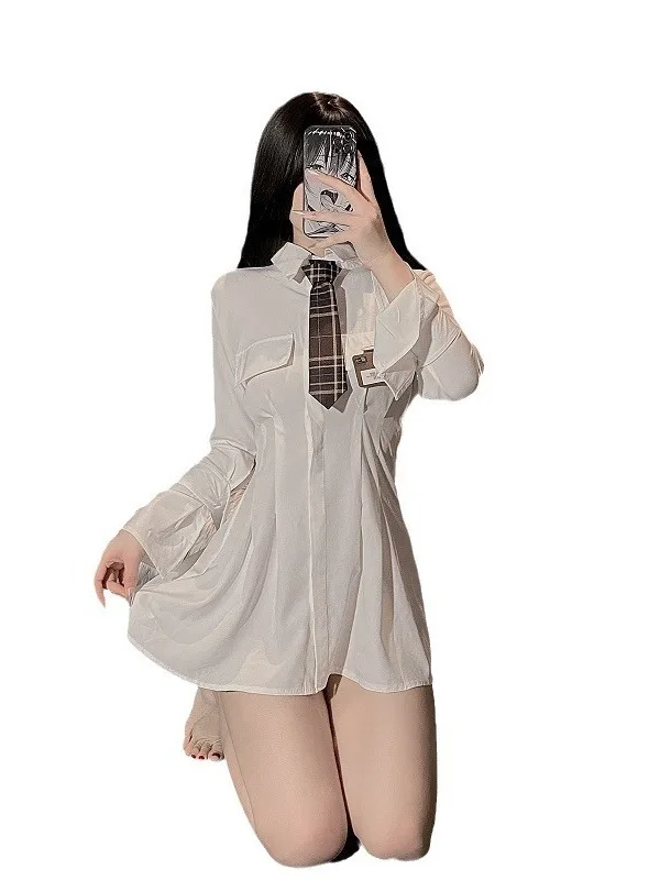 فستان قميص طويل مثير أبيض إغلاق الخصر لتخسيس الورك يغطي الطالبات منظور فضفاض فستان تلميذة الحرم الجامعي N3A