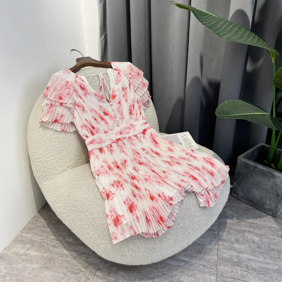 

Pink Floral Print Mini Summer Dress Women 2022 High Quality Cascading Ruffles Sleeve Ruched Asymmetrical Hem Backless Clothing