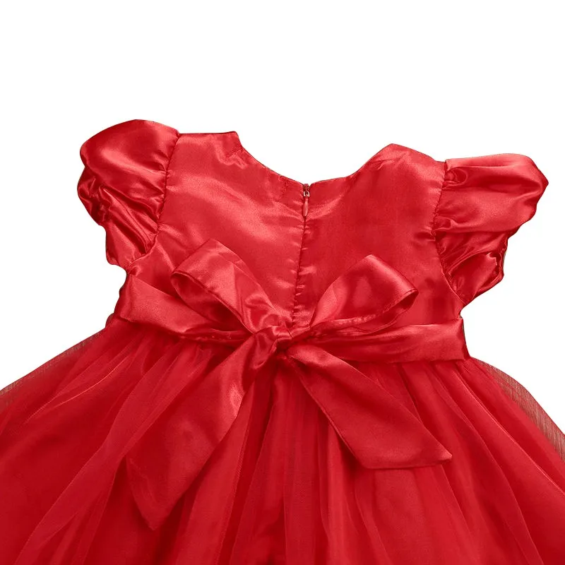 Summer Girl Red Flowers Princess Dress Wedding Party Kids Clothes 0-24M Newborn Baby Girl Princess Dresses with Hair Accessories