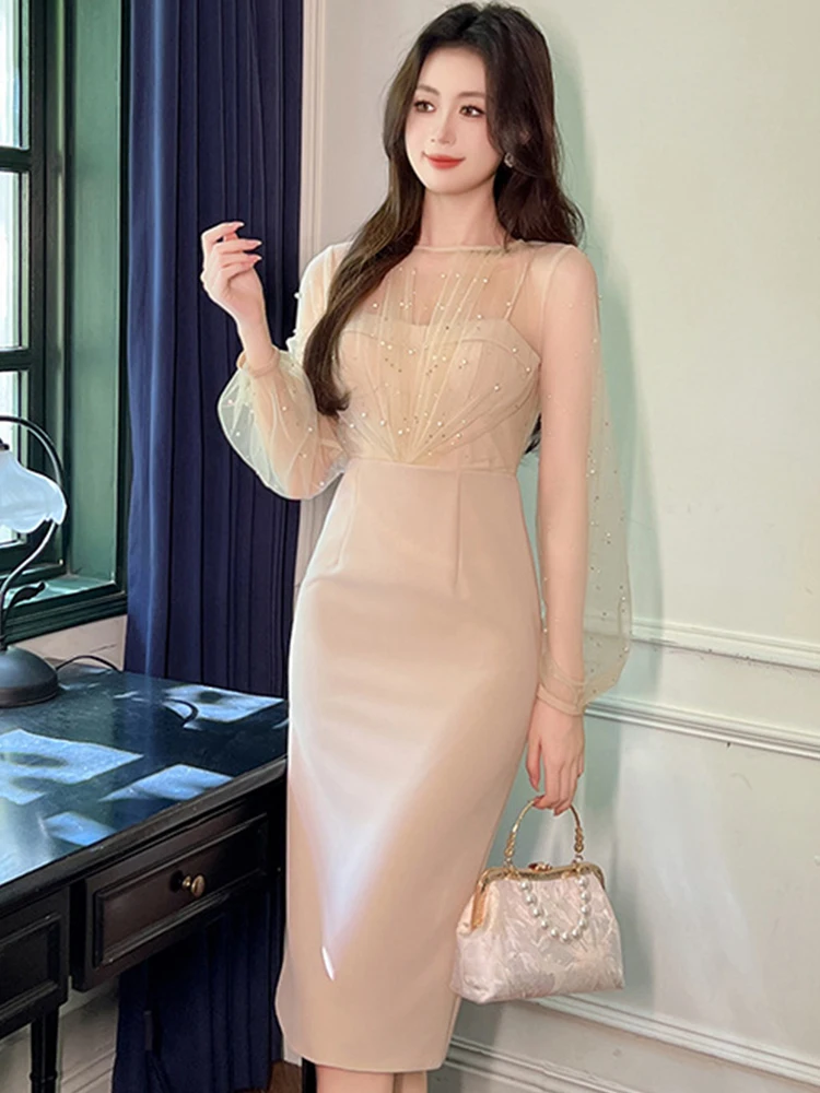 2023 Exquisite Elegant Prom Dress Women's Fashion Sexy Sheer Mesh Spliced Pearl Diamond Slim Robe Femme Evening Party Vestidos