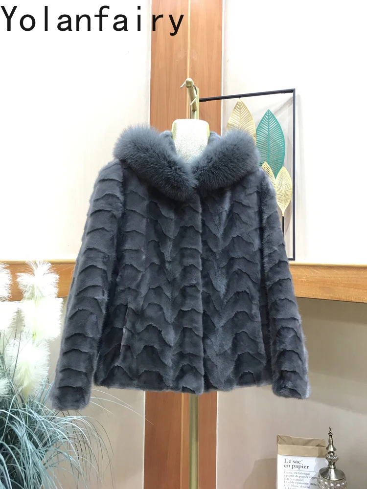 YOLANFAIRY Nowy Naturalny Płaszcz z Futra z Kapturem Odzież Damska 2025 Zimowy Krótki Płaszcz z Prawdziwego Futra Norki Kurtka Kołnierz z Futra Lisa Fourrures