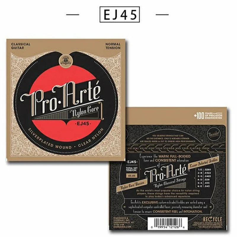 EJ45 Classical Guitar Strings Silver Plated Wrap Nylon Core Clear Student Nylon Trebles Normal Tension For Beginners
