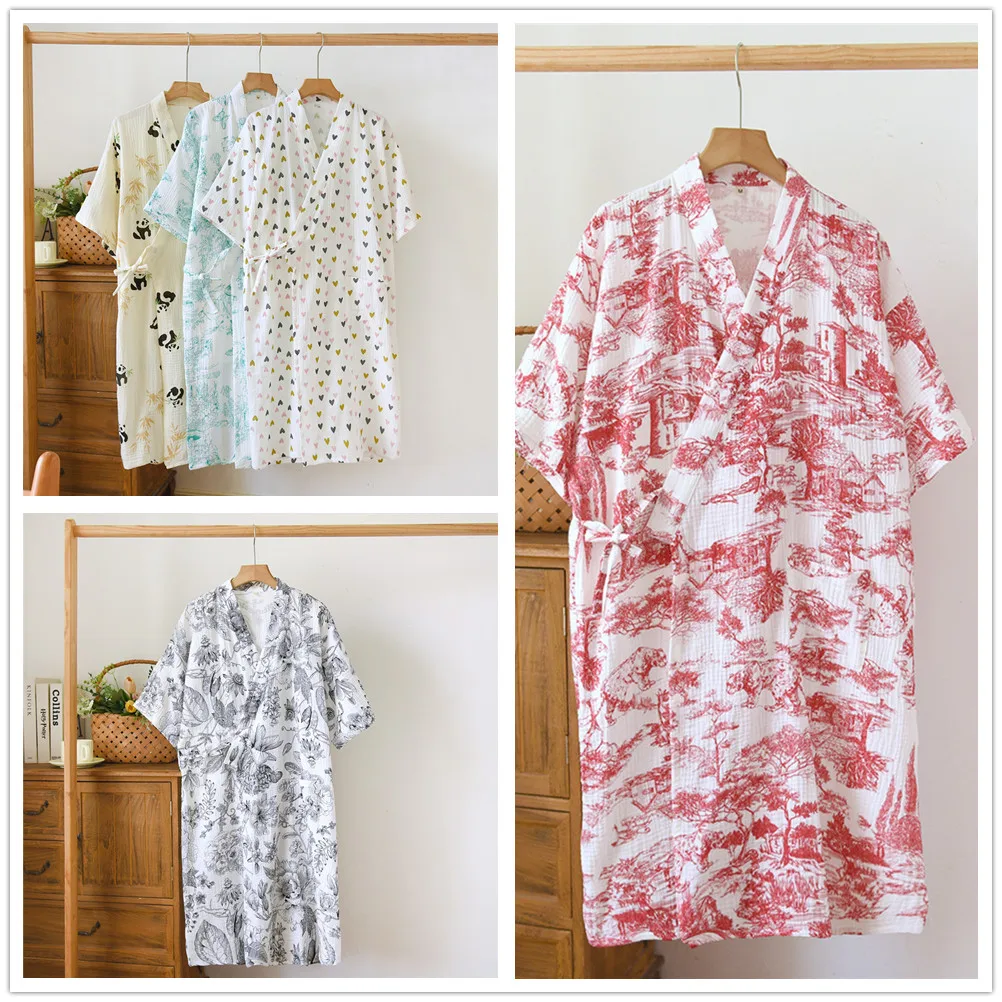 Short Sleeve Kimono Robe Women's Bathrobe Female Pajamas Loungewear for Spring and Autumn Floral Cotton Home Servic
