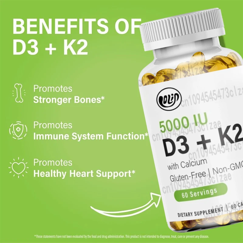 

Vitamin K2 100 Mcg MK7, Calcium - Bone Health and Immune Support Supplement - Gluten Free, Non GMO - (60 Capsules)