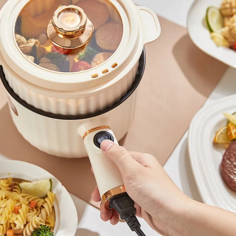 1pc 220V Electric Cooking Pot Non-Stick Mini Pot Long Handle Portable Electric Skillet Rice Cooker for Dorm Home Boil Fry Stew
