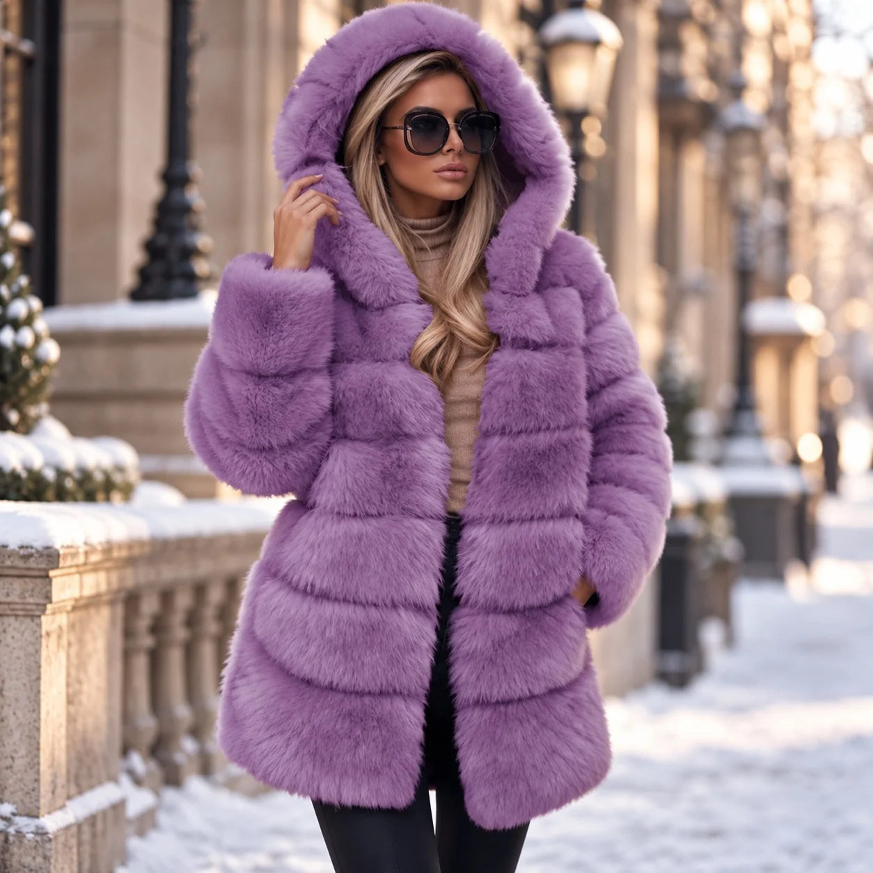 Hooded Patchwork Mid Length Coat with Elegant Commuter Intellectual Style Sexy Winter Long Sleeve Regular Sleeve Women Coat