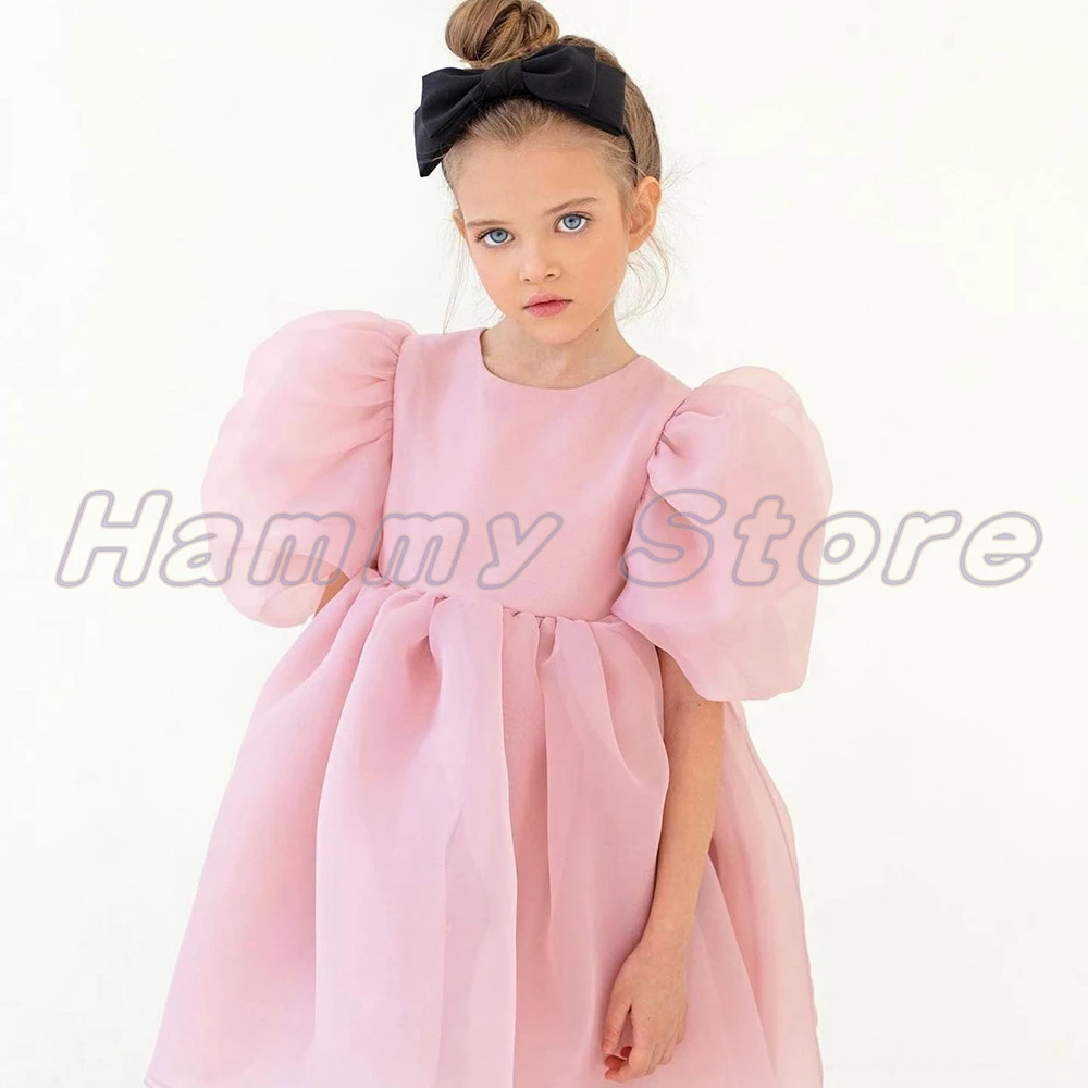 Cute Baby Girl Flower Girl abiti maniche corte O collo compleanno principessa Party Gown lunghezza al ginocchio Oranza santa comunione Dress