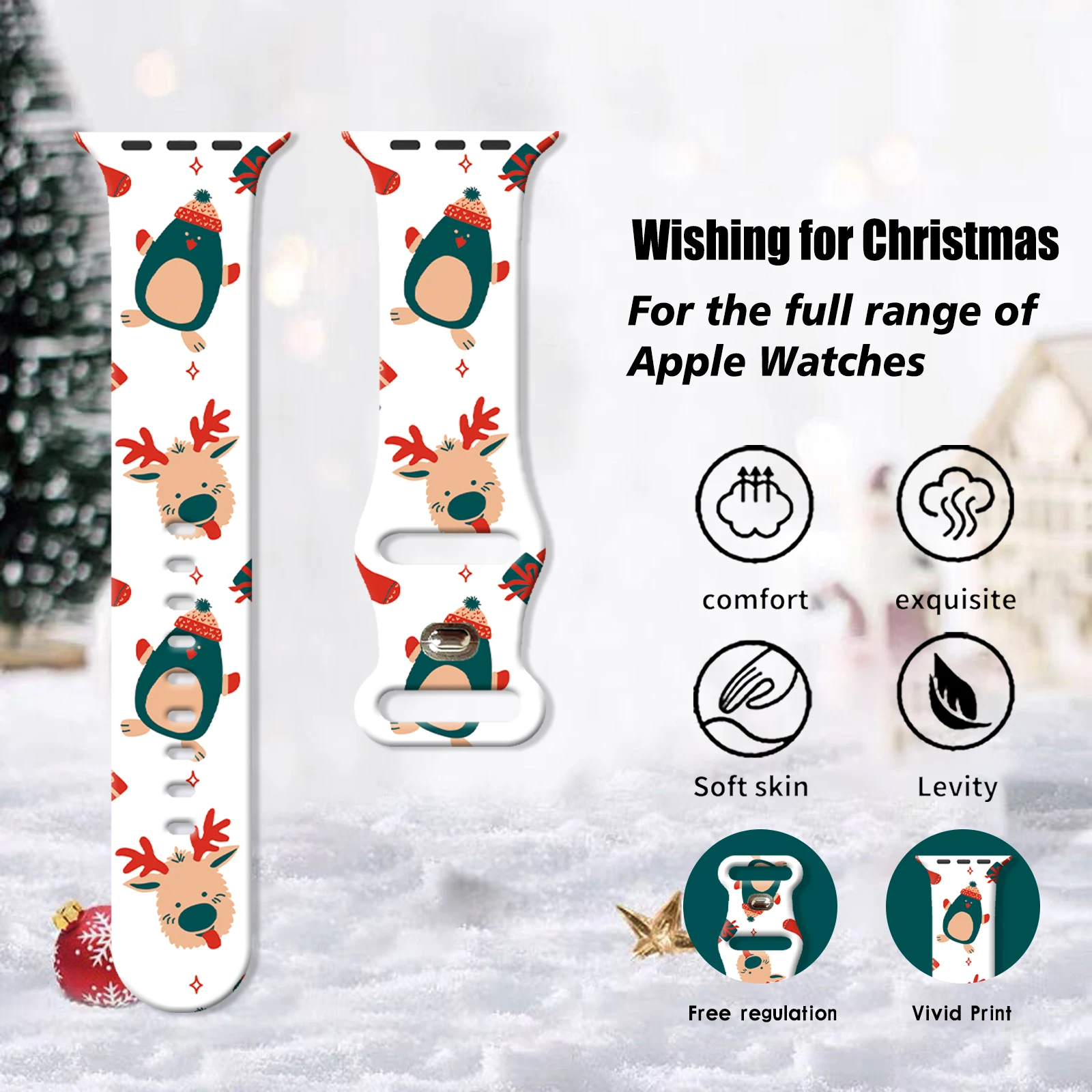 حزام مطبوع بنمط ممتاز لعيد الميلاد لساعة Apple Watch Series 11-9، سوار سيليكون ناعم مقاوم للماء 46 مم 45 مم 44 مم 42 مم #4