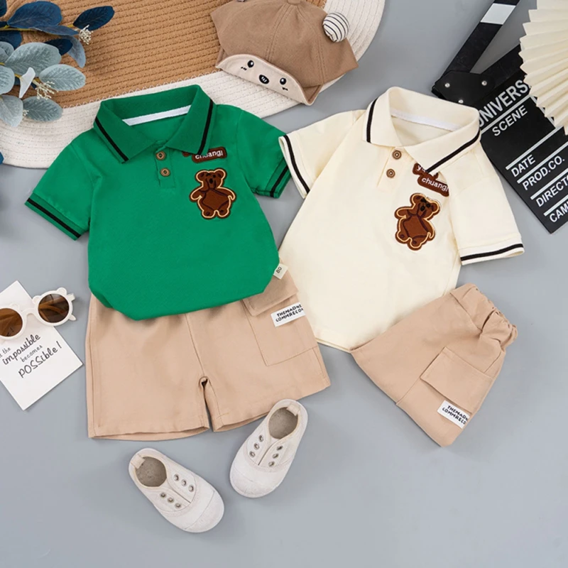 

Children's Boys Clothes Sets Summer Cartoon Embroidery Lapel Neck Short Sleeve Shirt Shorts Set Toddler Baby Boy Suits