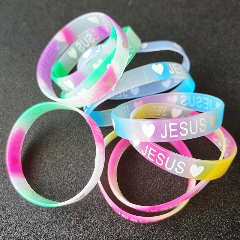 20PCS Bulk Jesus Love U Silicone Band Mixed Color Sparkle Christian Bracelets for Men Women Religious Vintage Jewelry God Gifts