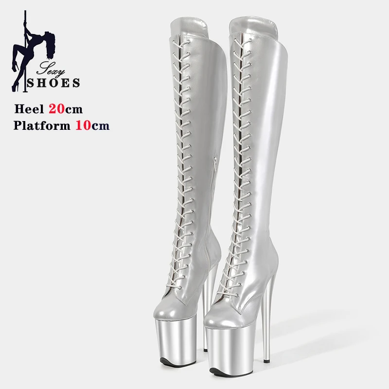 Shine PU 20CM/8Inches Fashion Women's Platform Party High Heels Modern Knee-High Boots Pole Dance Shoes Lace-up Zip Fetish Boots