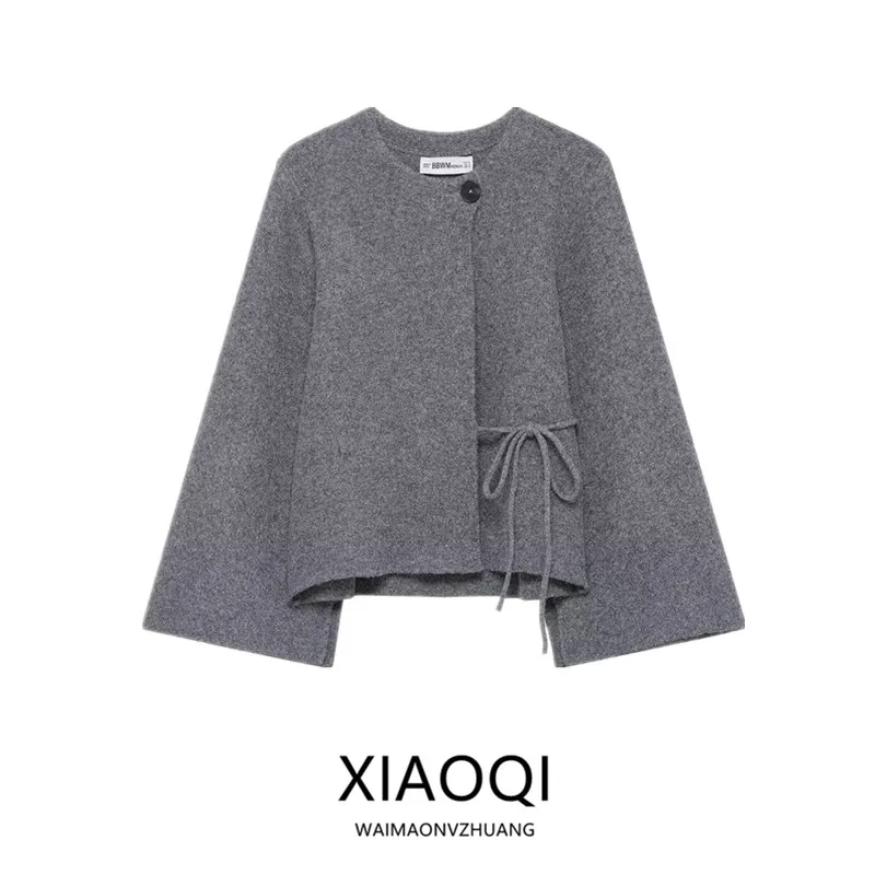 

Winter 2025 Women's Knitted Coat New Arrival round Ne Long Sve Asymmetrical Hemline Outerwear Faion Commute Sle