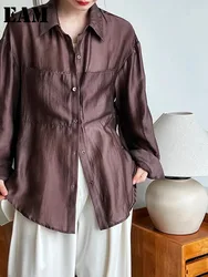 [EAM] Women Brown Thin Pocket Perspective Big Size Blouse New Lapel Long Sleeve Shirt Fashion Tide Spring Summer 2024 1DH5442