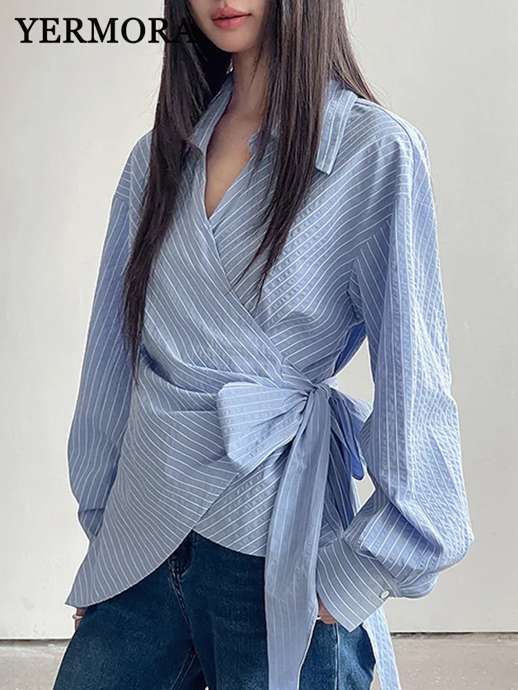 YERMORA Blue Striped Irregular Bandage Casual Blouse For Women Lapel Long Sleeve Loose New Shirt Fashion Tide Spring Autumn 2025