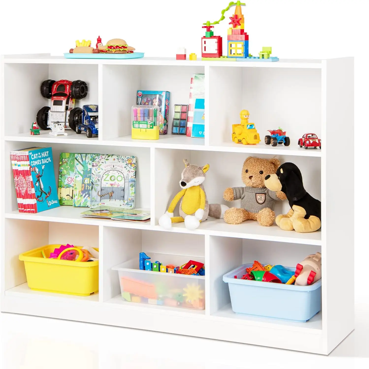 Kids Toy Organizers and Storage, Wooden 3 Tier Bookshelf with 8 Compartment Cubes to Organize Books, Toys, Home Furnitur