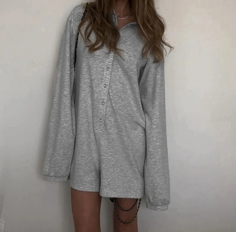 

Уличная одежда, серые свободные комбинезоны, модные женские комбинезоны на пуговицах с длинными рукавами, эстетические женские однотонные наряды, Harajuku