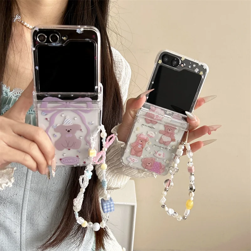 Для Samsung Galaxy Z Flip 7 FE 3 4 5 6, чехол с мультяшным бантом и медведем, браслет, шарнир, противоударный чехол для Samsung Z Flip7