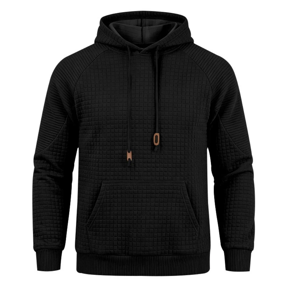 Men's Solid Color Waffle Knit Hooded Sweatshirt with Long Sleeves and Regular Length for Casual Summer Wear and Exercise