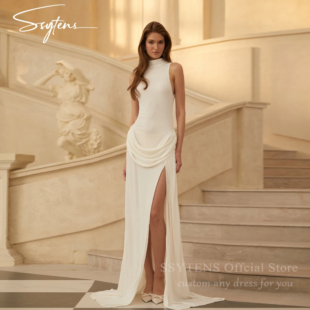 

SSYTENS Elegant High Neck Wedding Dresses Sleeveless Side Slit Vestidos De Gala Chiffon Vestidos De Boda Para Fiestas Customized