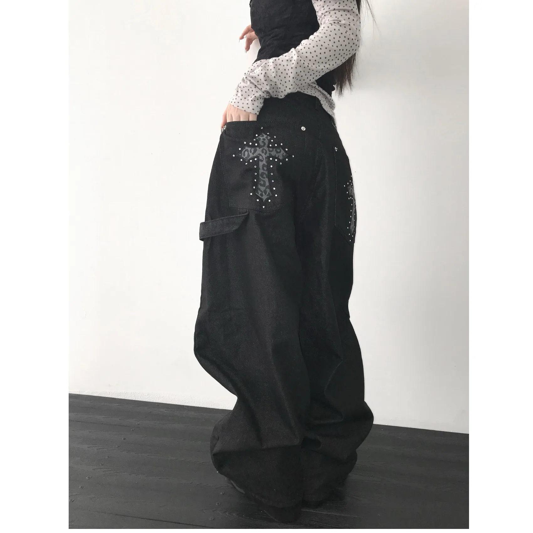 

Casual Wide Leg Floor-Length Pants Women's Cargo Style Jeans Natural Waist Long Trousers Black Cotton 100% No Stretch