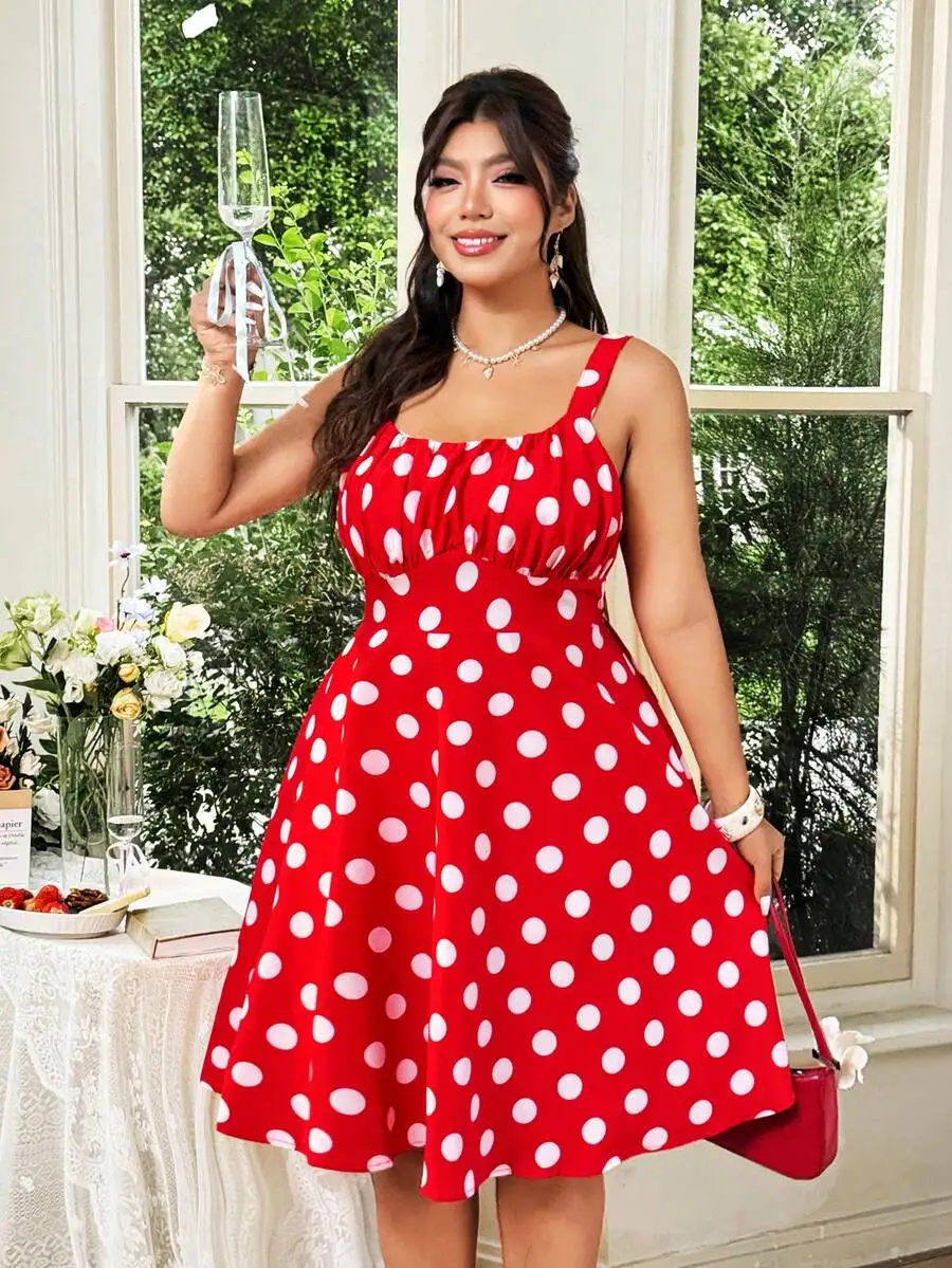 

Red Polka Dot Pleated Spaghetti Strap A-Line Dress For Summer Party