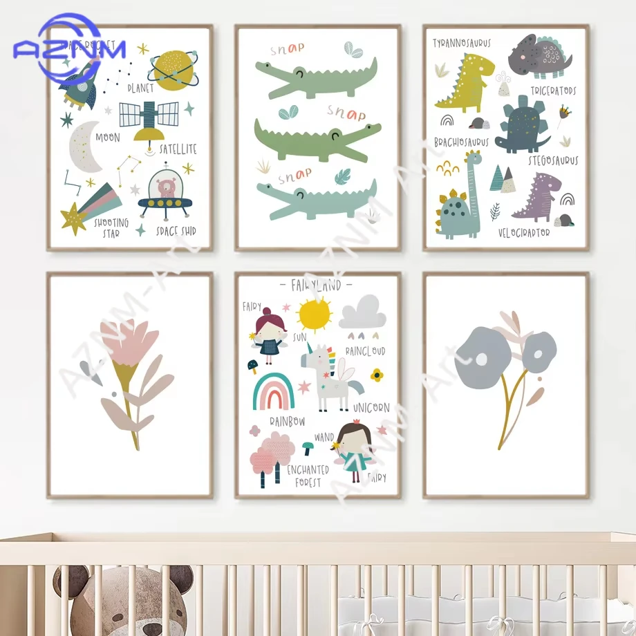 1Pc/6Pcs Marine Life Jungle Woodland Animals Dinosaur Space Wall Art Print Canvas Painting Nordic Poster Decor Baby Kids Room