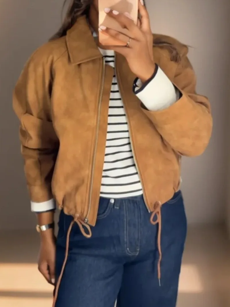 

High Street Casual Hem Tape Jacket Women Coats 2025 Autumn New Women Clothes Fashion Simple Fleece Jacket Female Coats Tops
