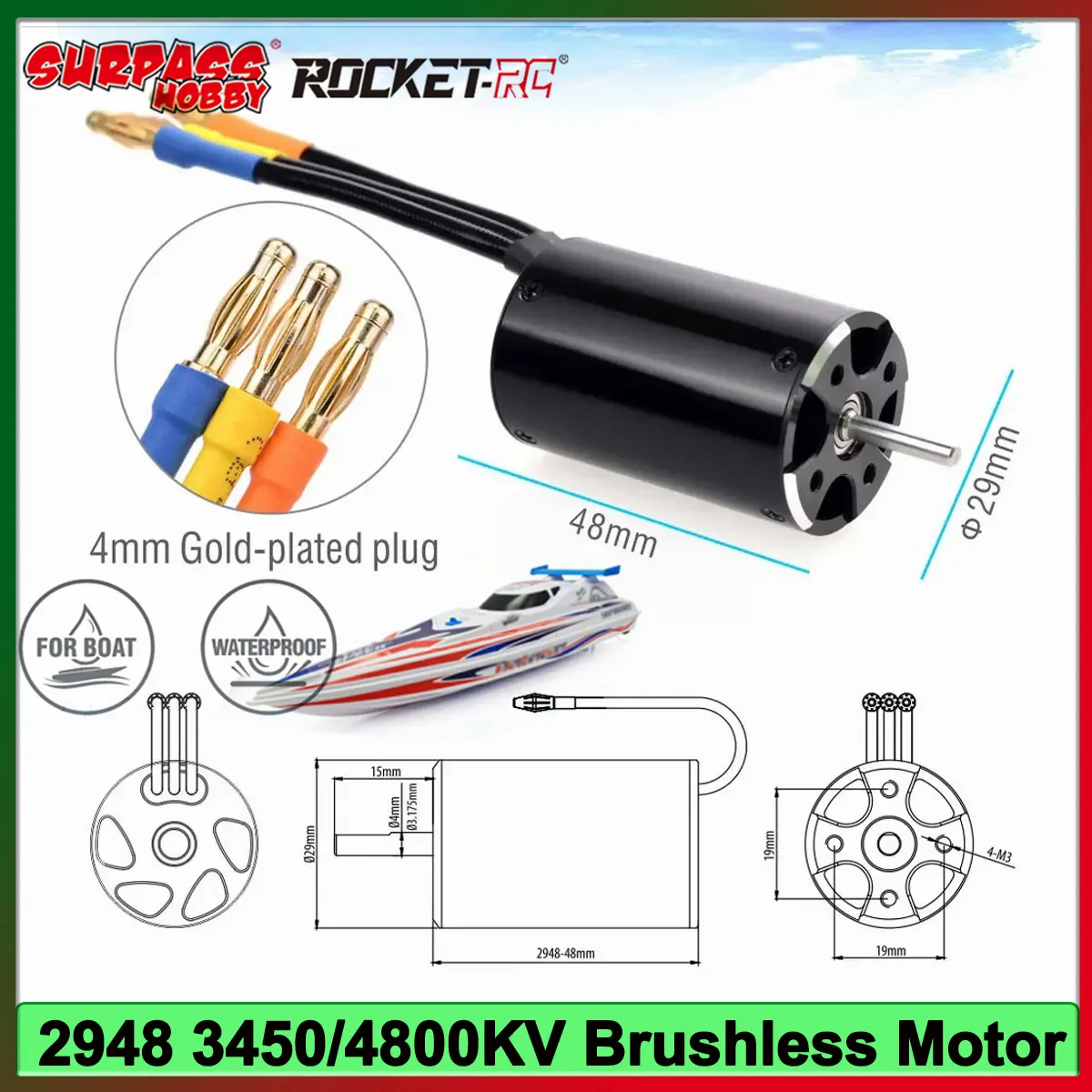 Rocket 2948 3450KV 4800KV 3,175 mm waterdichte borstelloze motor voor 600-800 mm RC boot Feilun FT011 Traxxas M41 Catamaran Spartan