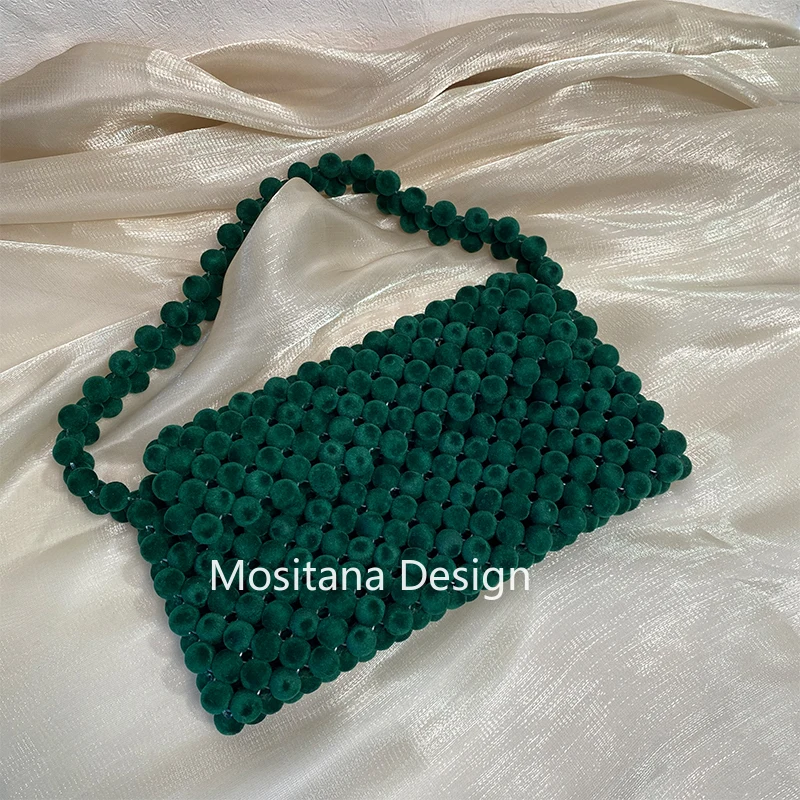 Winter Velvet Beads Christmas Bag Gift Party Dinner Shoulder Bags Handmade Green Hand-woven Celebrity Unique Design Ladies