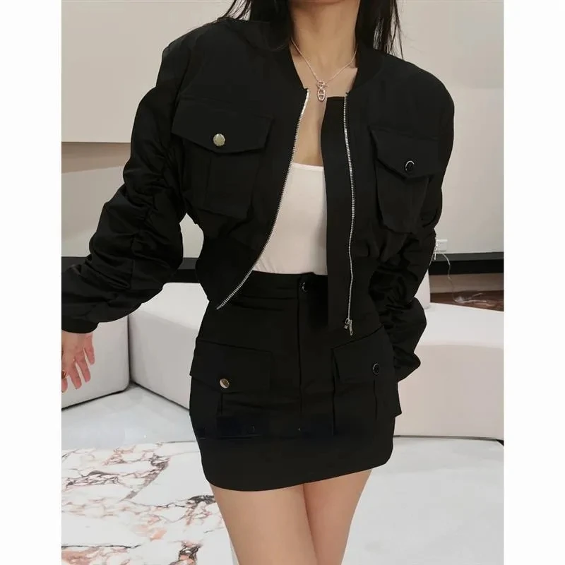 Y2K Cropped Bomber Jackets Women Streetwear Oversized Short Cargo Coat Harajuku Vintage Korean Casual Black Outerwear Tops New