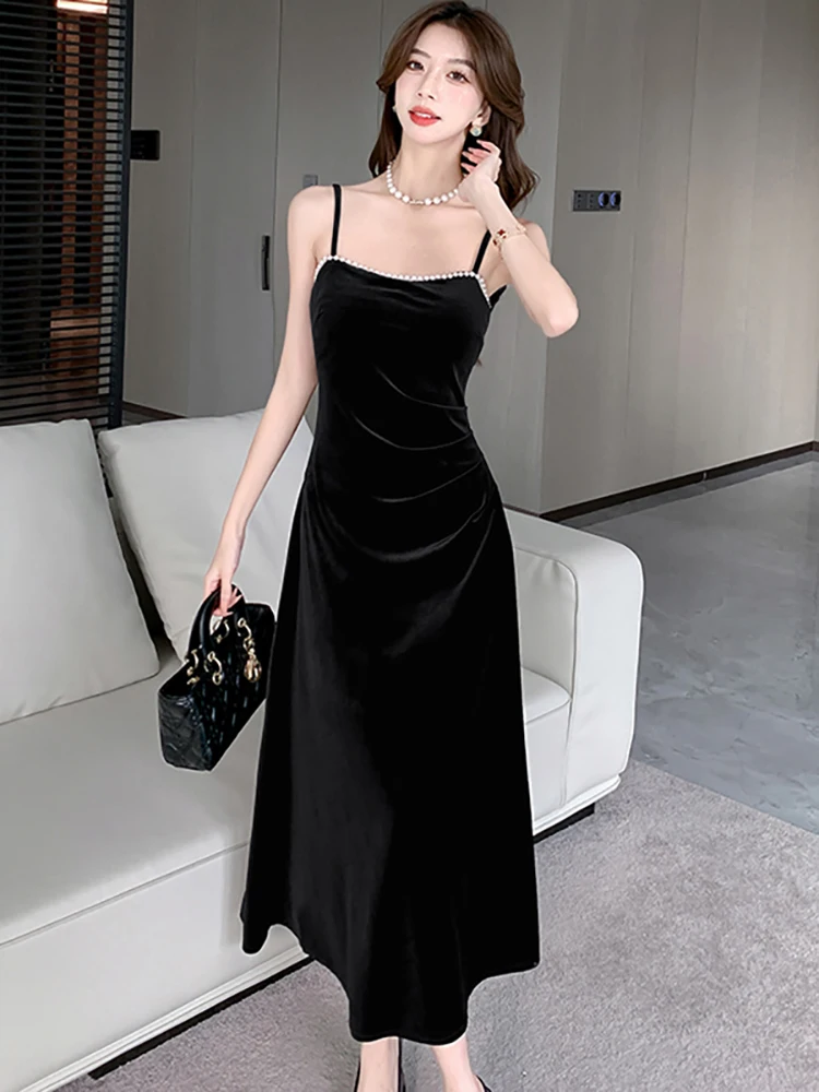 

2025 Black Velvet Chic Beading Sling Sexy Long Dress Women Pleated Bodycon Luxury Dress Summer Korean Elegant Dance Party Dress