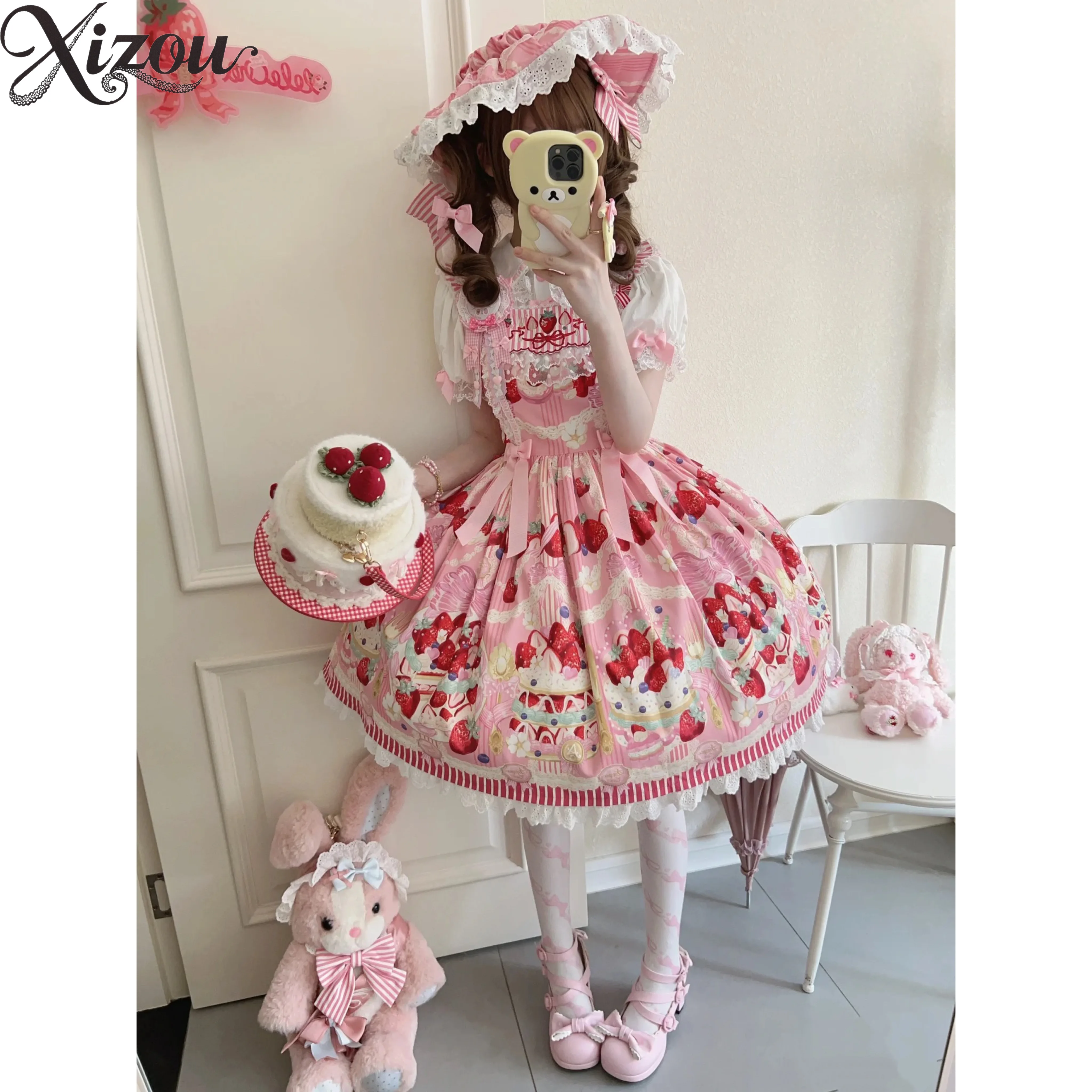 2-teiliges Set für Damen im Lolita-Stil, Sommer, niedlich, gestreift, Erdbeerrosa, JSK-Hosenträger, Prinzessin, kurzärmeliges Oberteil und Kleid-Set