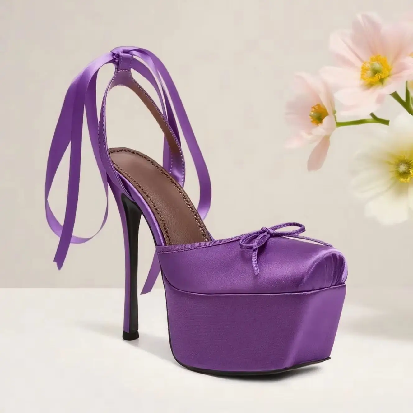 Pink Satin Square Toe Platform Pumps Sweet Ankle Wrap Ribbon Bow High Heels 2026 Summer Elegant Bridal Evening Party Women Shoes