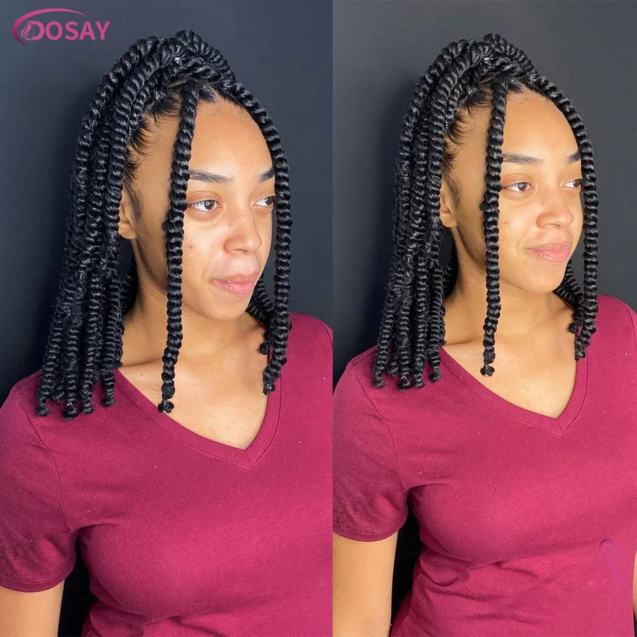 Synthetic Short Passion Twist Braided Wigs Curly Ends Square Part Bob Braided Lace Front Wig For Women Knotless Box Braids Wig